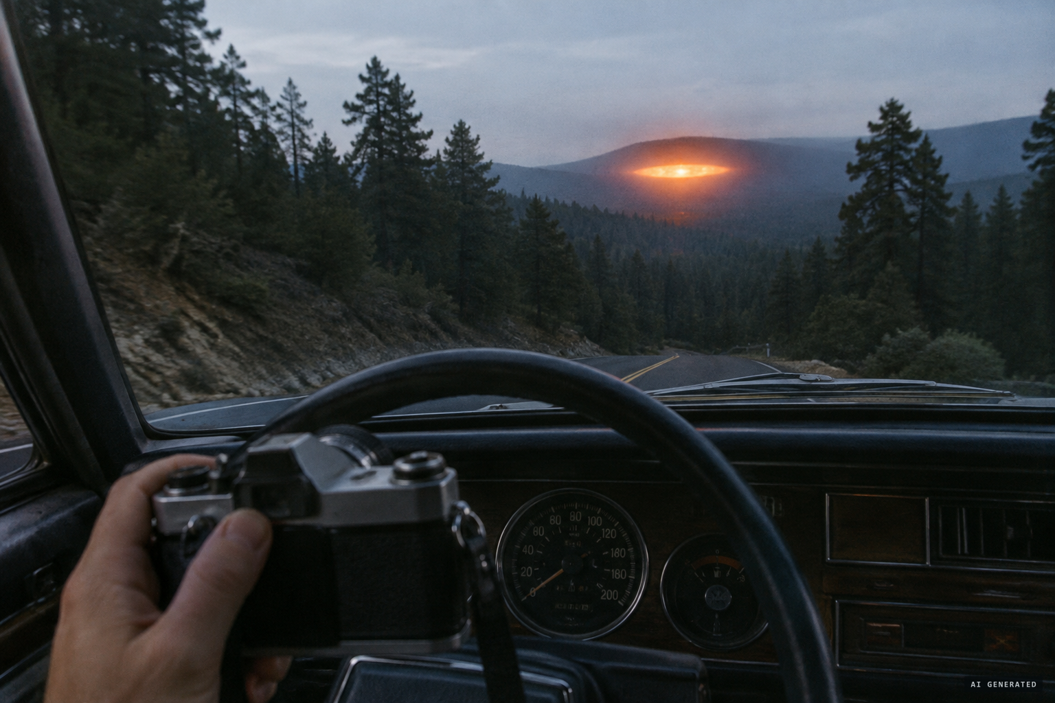 A large orange oval glow rises from the valley in front of the car