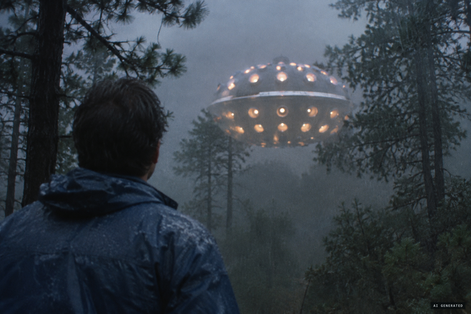 In fog and rain, Díaz sees the domed craft covered in half spheres