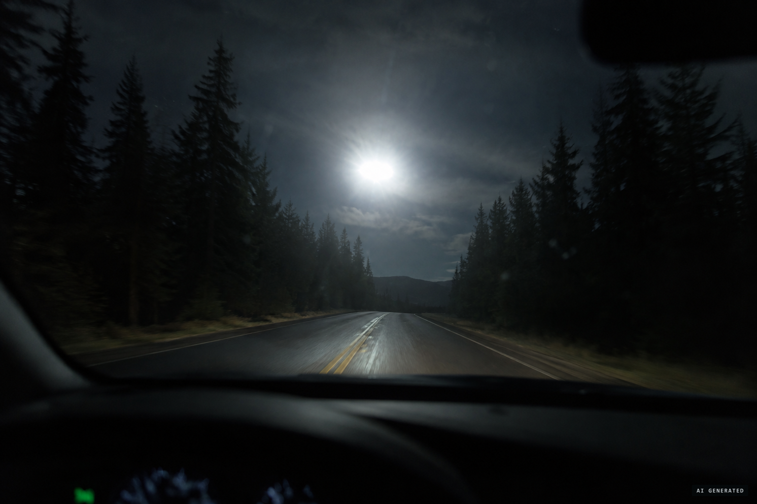 About 9 p.m., a blinding light appears in the sky over the road
