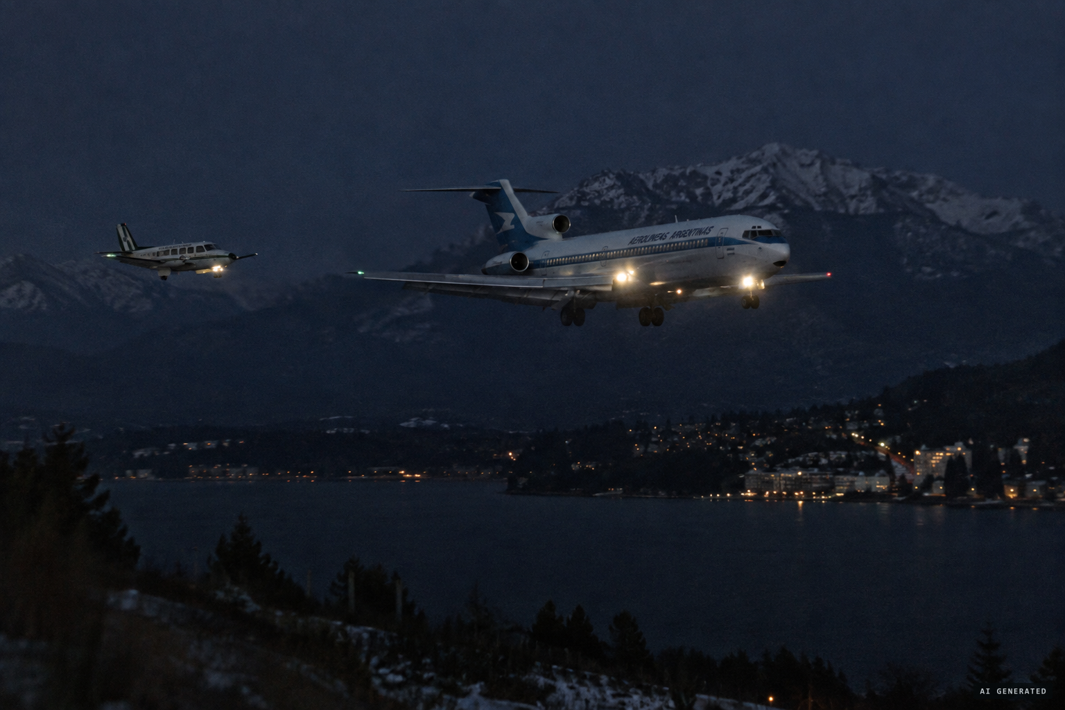 Flight AR 674, a Boeing 727, comes in to land at Bariloche, with a Gendarmería aircraft behind it