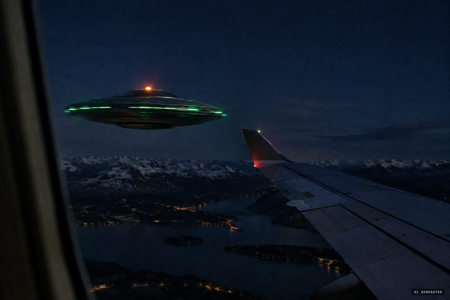 The upside-down soup plate with spinning green lights flies alongside the right wingtip