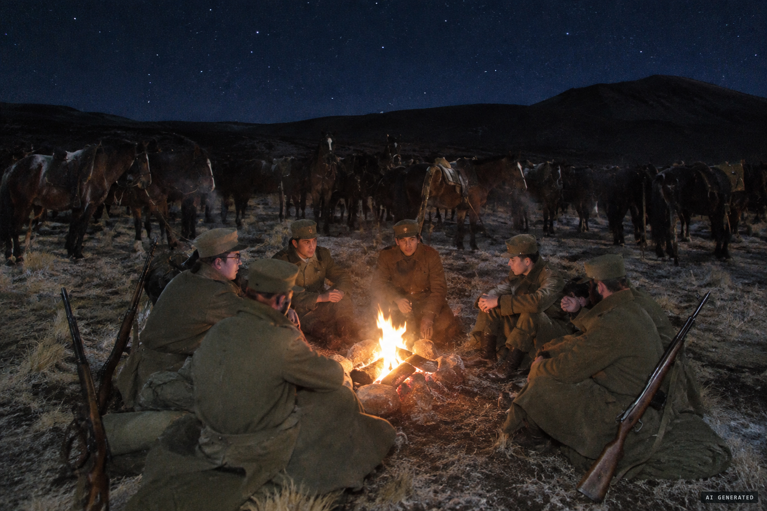 Eight soldiers of the Regimiento Huamachuco camp by a fire, guarding over 300 army horses on Pampa Lluscuma.