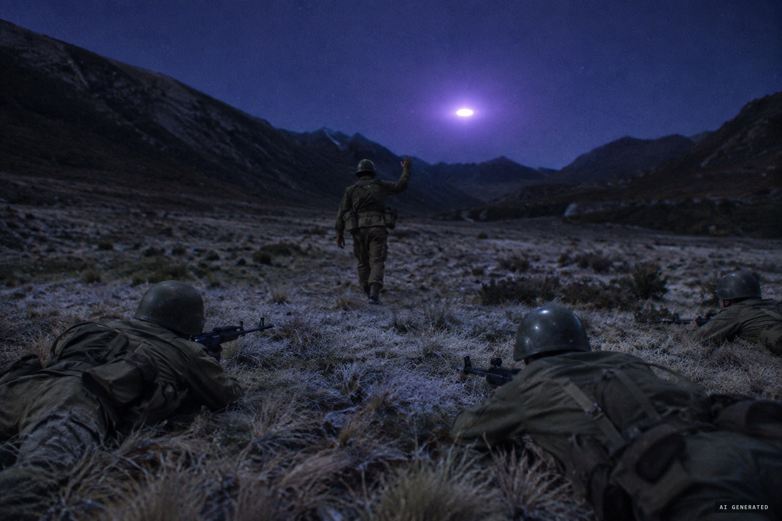 Corporal Valdés walks toward the light, calling 'Halt! Identify yourselves!', while his men take combat positions.