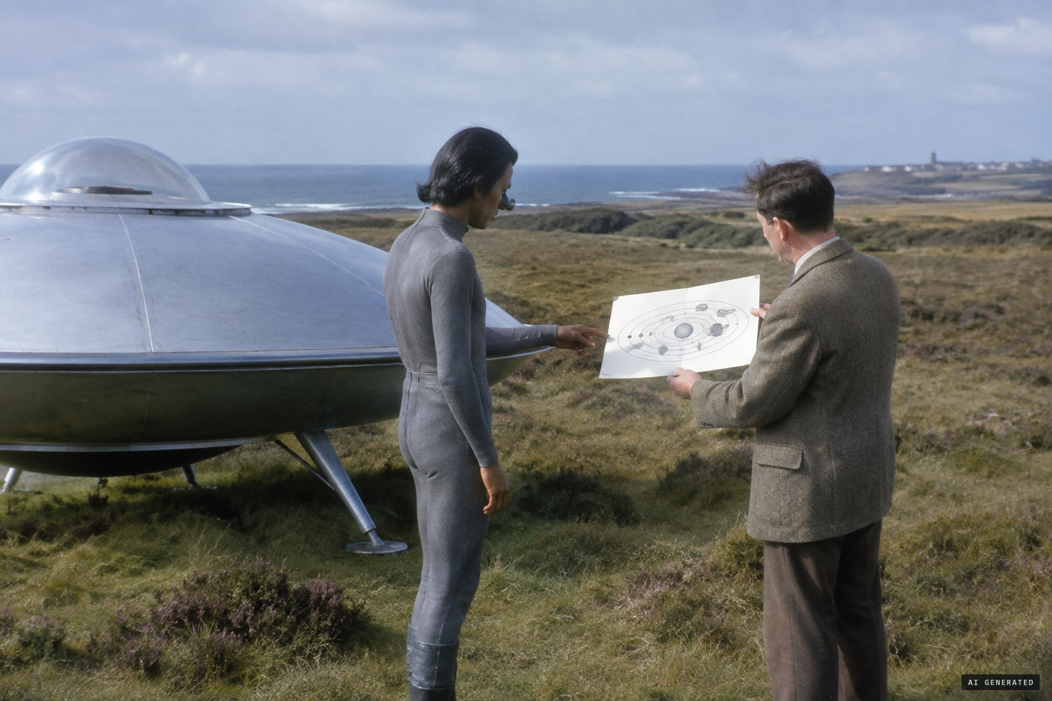 The pilot points to Mars on Allingham's diagram