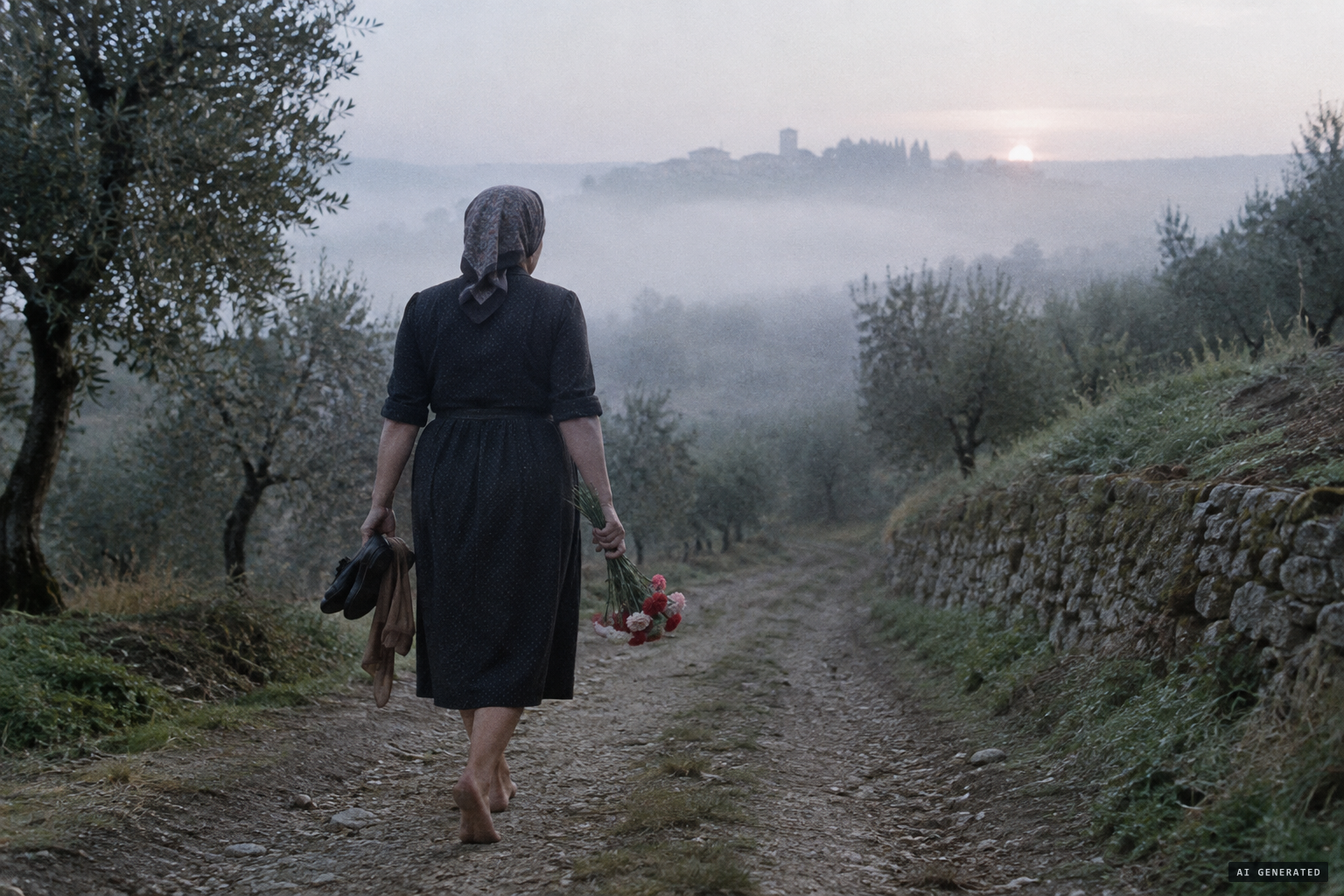 Rosa walks barefoot at dawn carrying her shoes and carnations for the Madonna