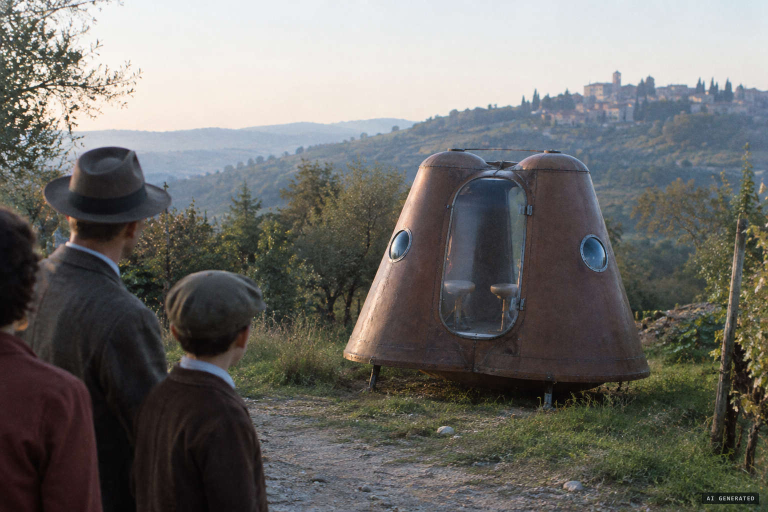 The brown craft like two bells joined at the base, standing in the clearing