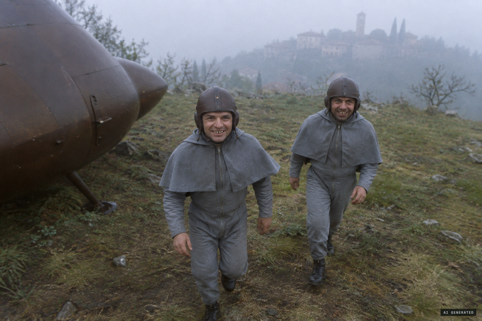 The two small beings in grey suits and capes step toward Rosa