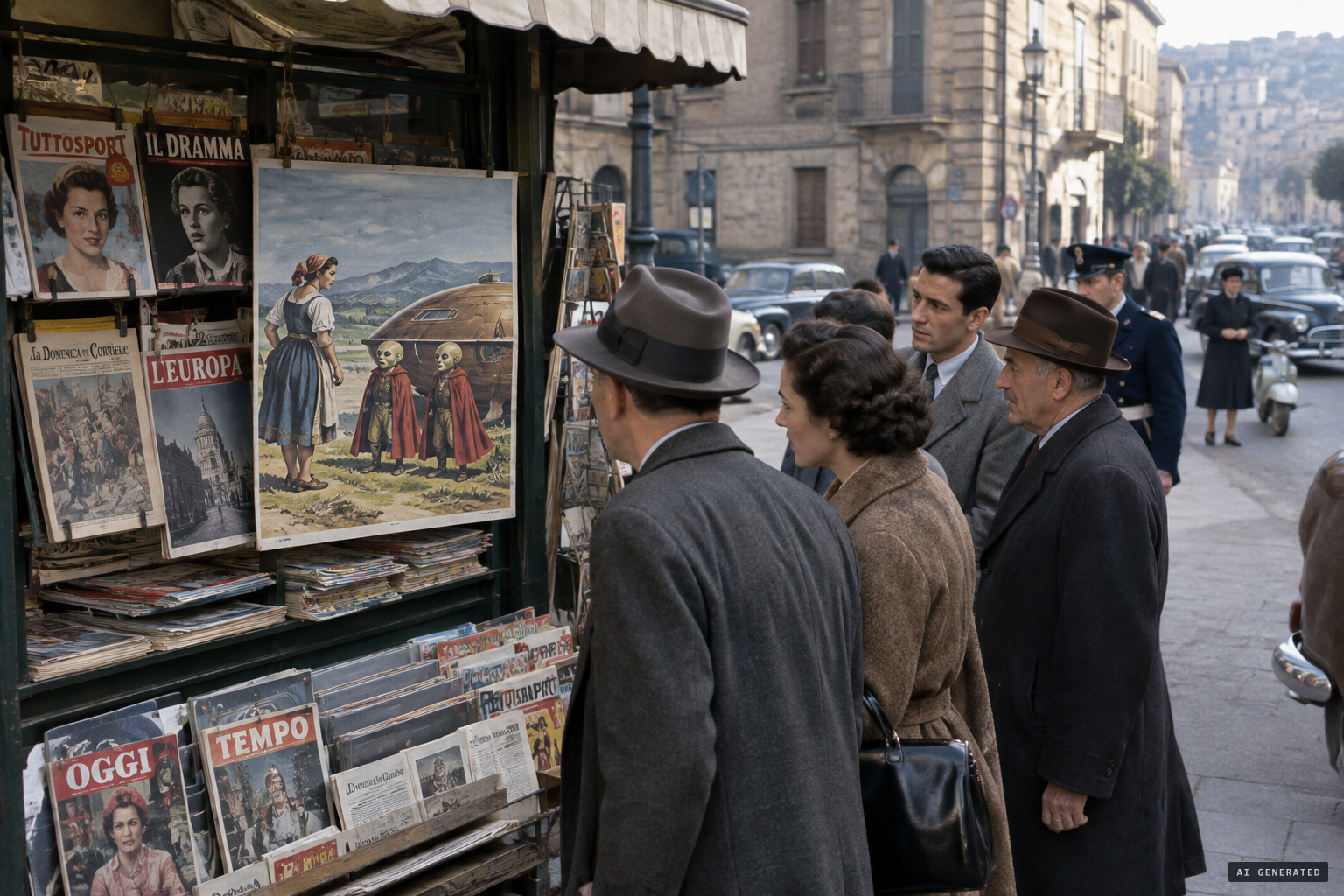 La Domenica del Corriere puts the scene on its cover, painted by Walter Molino