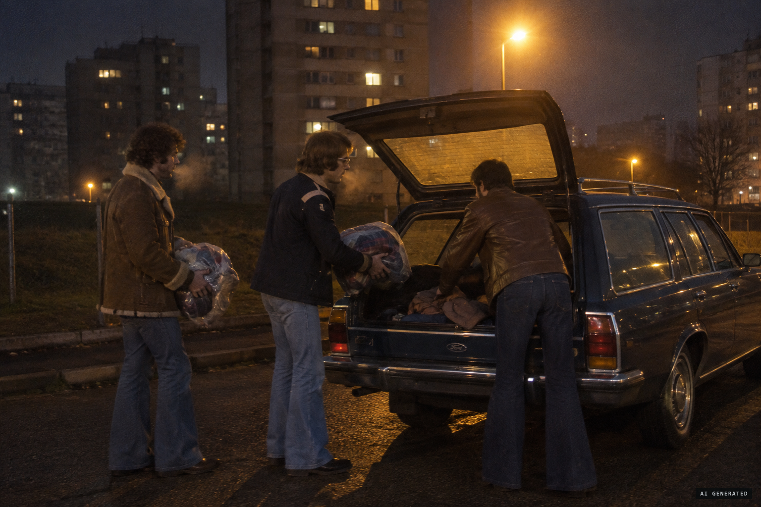 Before dawn on 26 November 1979, the three market traders load their Ford estate