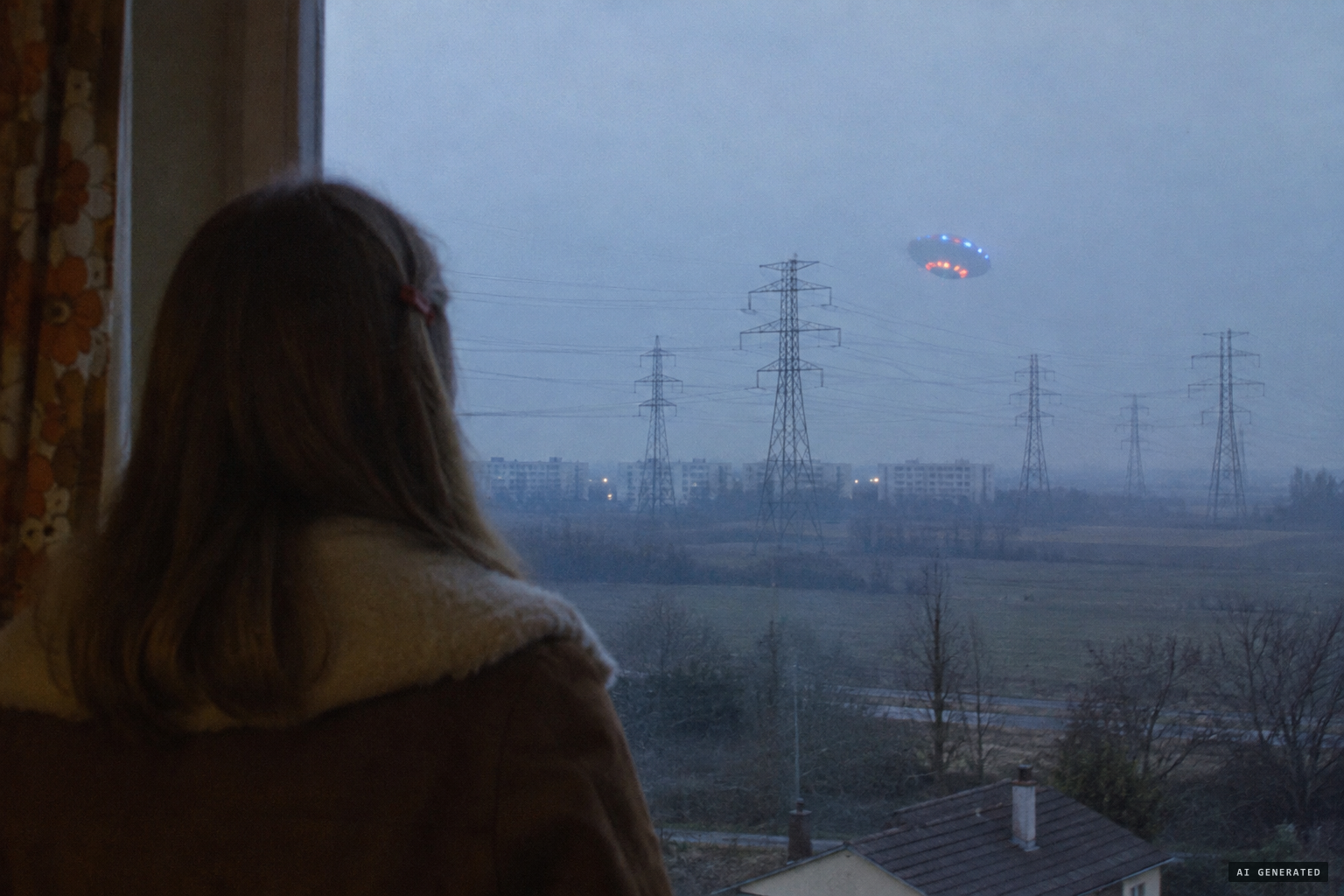 Lisette watches a domed blue, orange and red object near the pylons