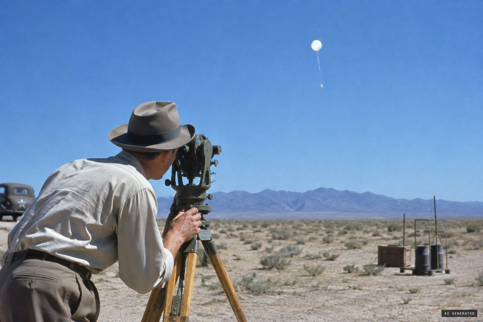 A pilot balloon goes up at 10:20 and is tracked through the theodolite