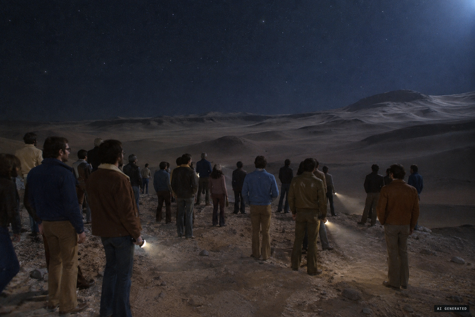 Twenty witnesses wait among the Chilca desert hills at 21:00