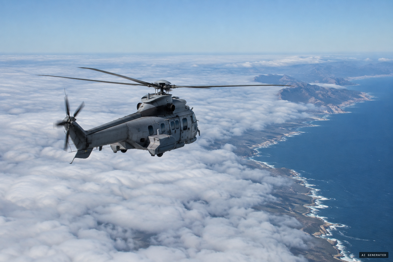 The Navy Cougar helicopter on routine patrol along the coast west of Santiago