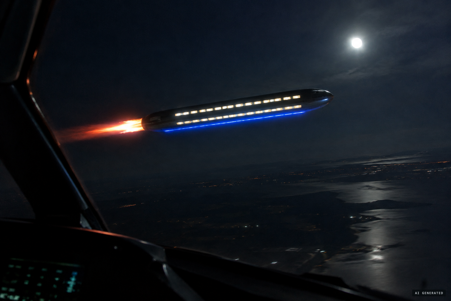 A wingless cigar with two rows of glowing windows, a blue glow beneath and flame from the rear