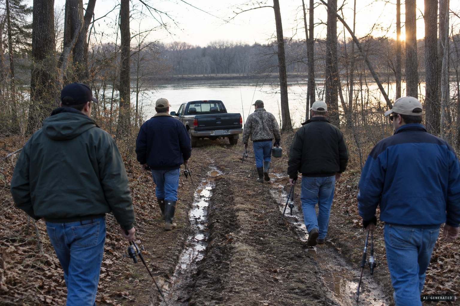 The muddy two-rut road through thick woods to the fishing spot