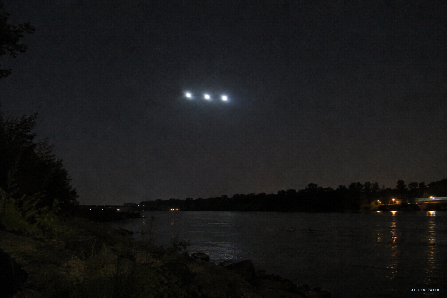 Three blinding white lights pass overhead and vanish across the river