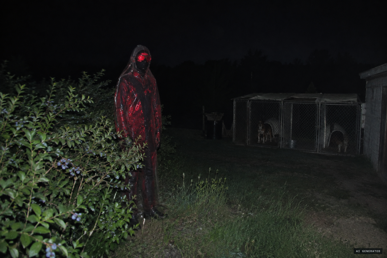 The figure in the clear covering and red goggles at the blueberry hedgerow