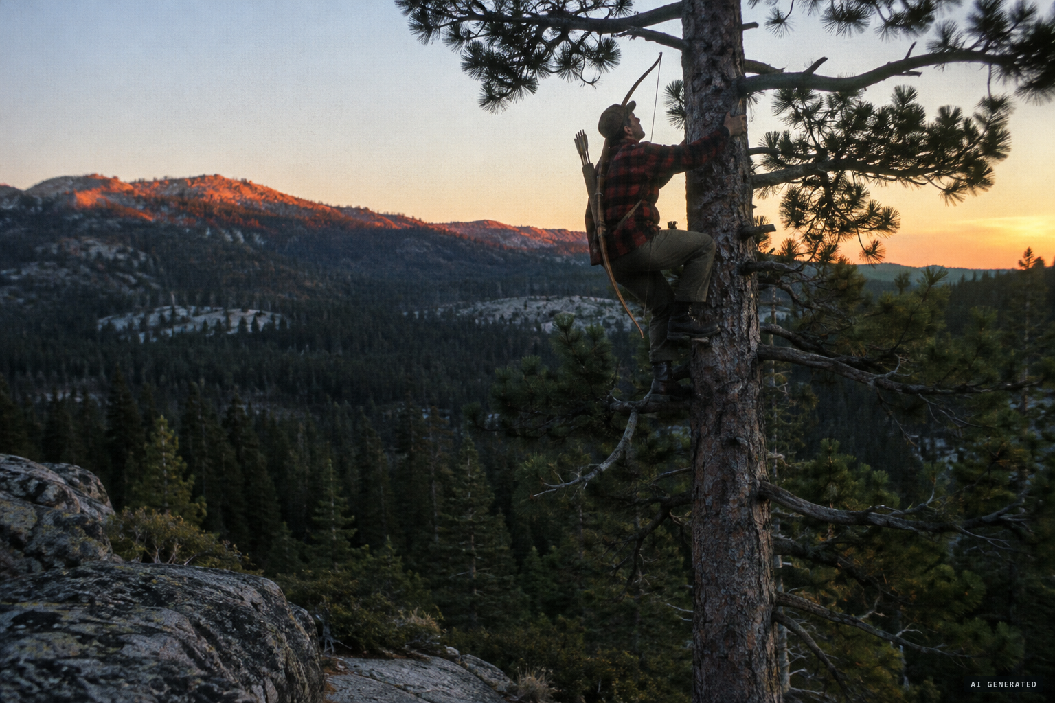 At dusk, lost from his companions, Shrum climbs a pine for safety.