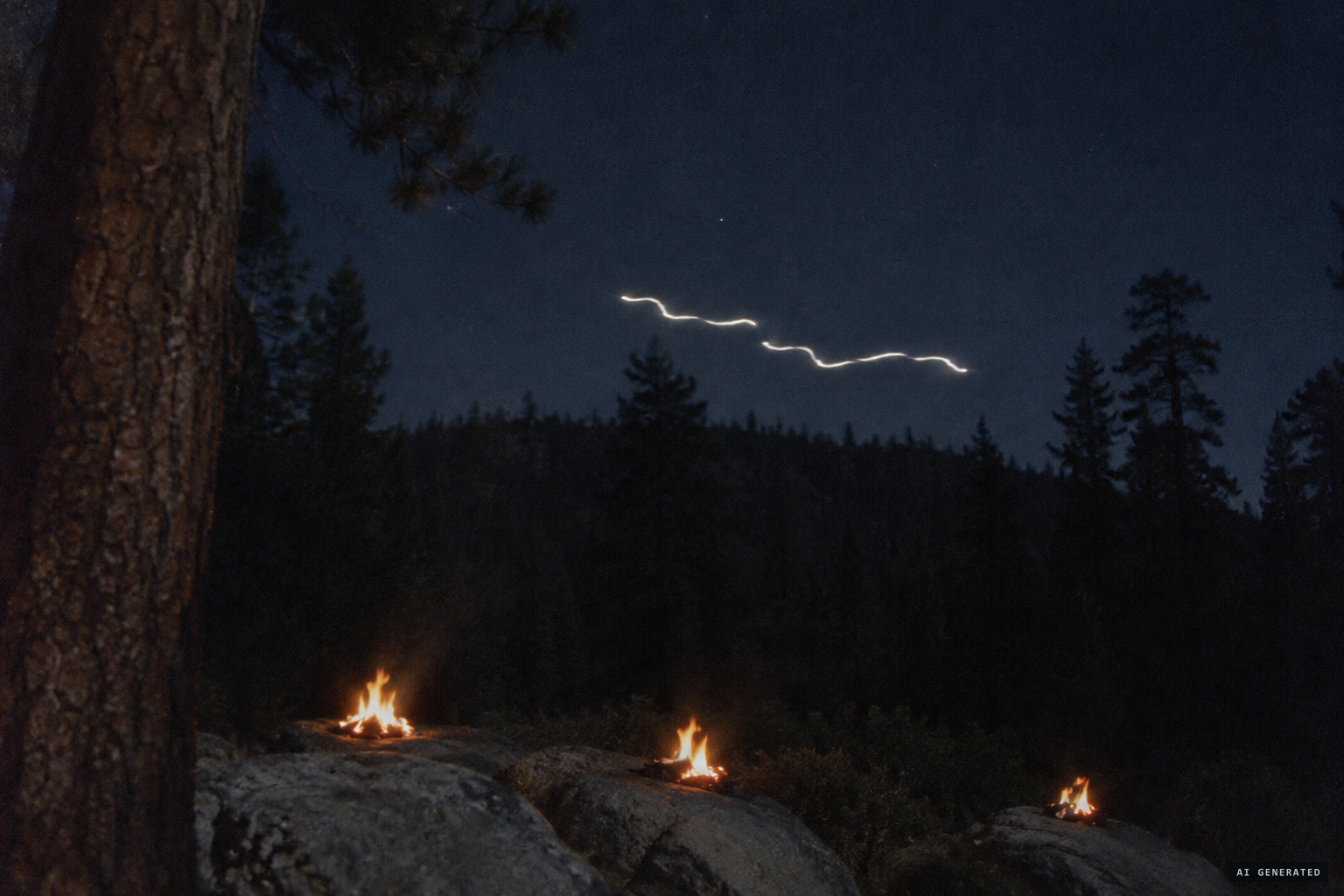 A white light zigzags low; Shrum lights three signal fires thinking it is a helicopter.