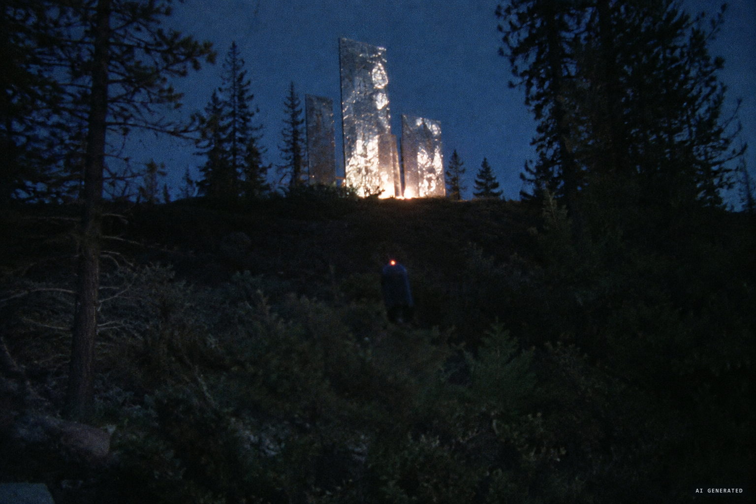 Three stepped panels shimmer; a dark object with a blinking light drops into the brush.