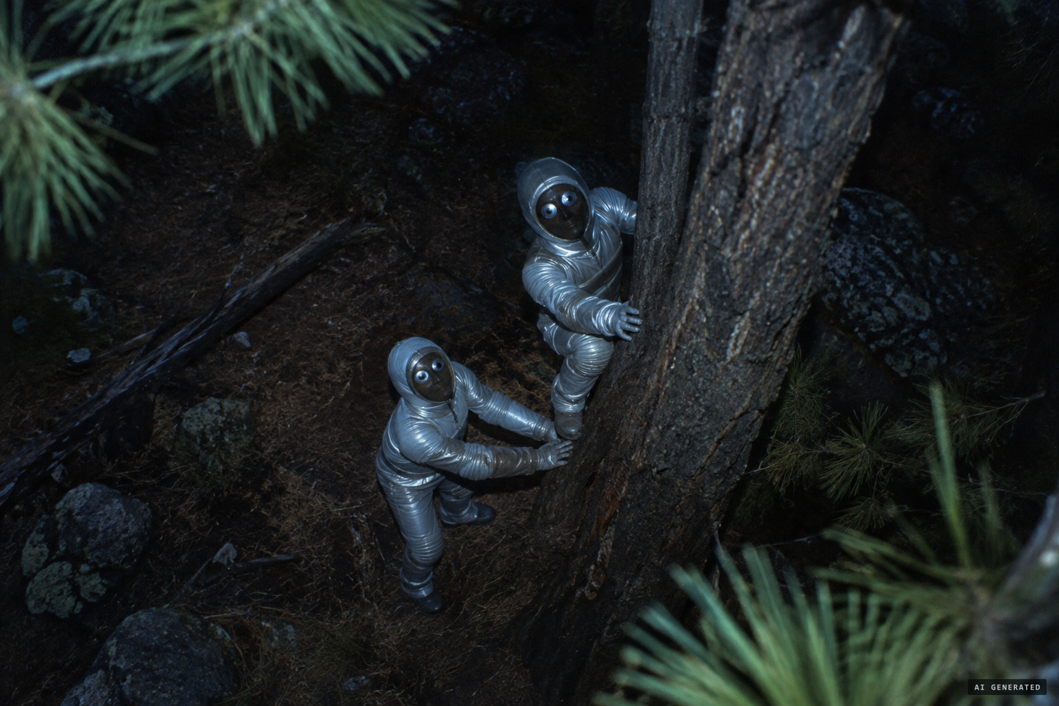 Short silver-suited beings with eyes 'big as silver dollars' shake the tree.