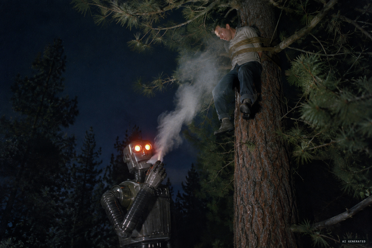 The robot emits a white vapor that makes Shrum pass out.