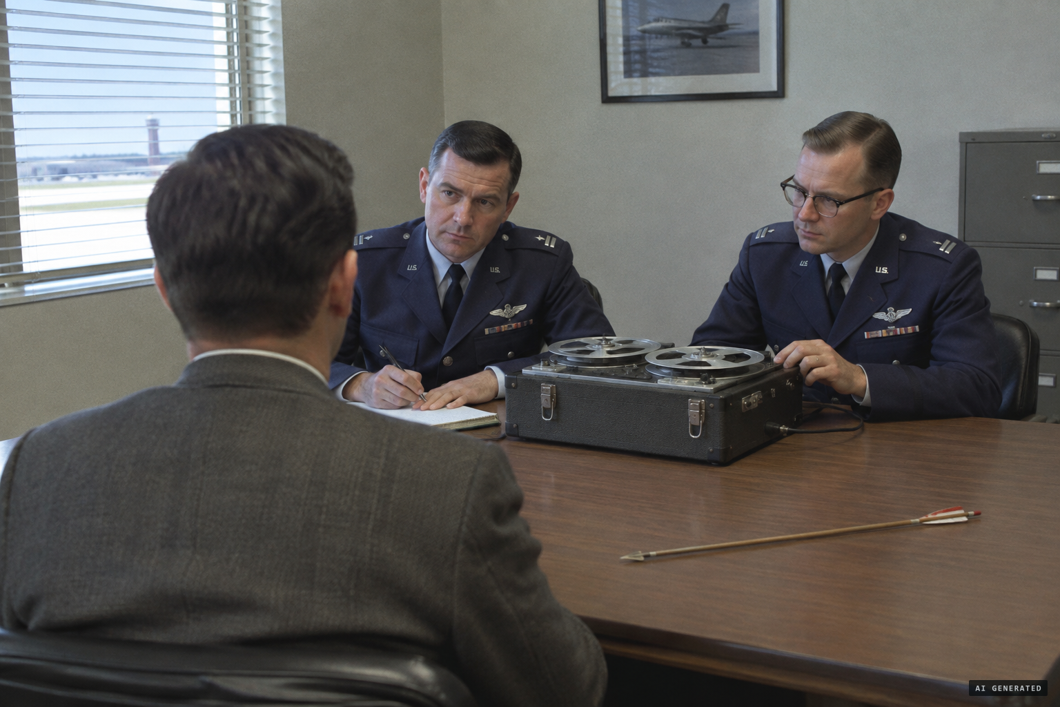 Air Force officers tape Shrum's account and take an arrow.
