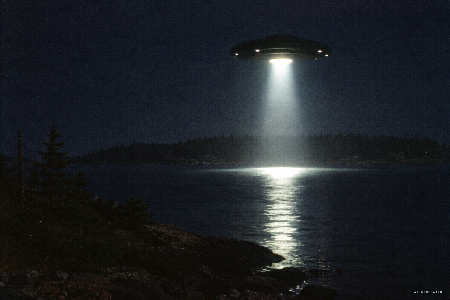 The craft hovers silently above the water, a large fluorescent light shining beneath it