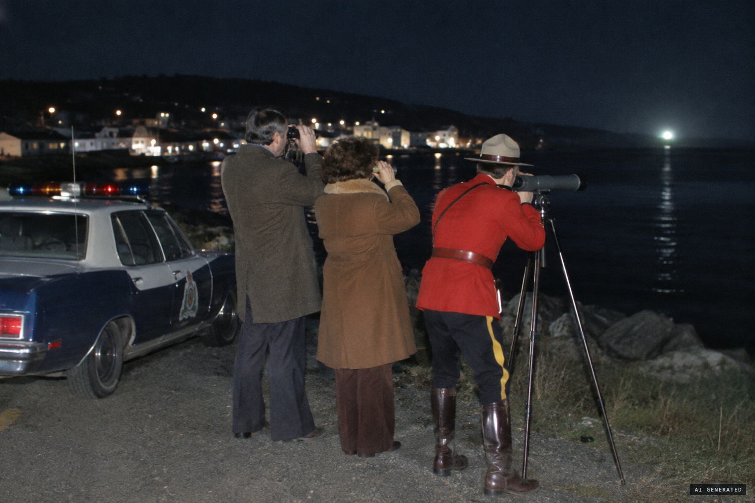 The Lethbridges with binoculars; Blackwood with a 60-power surveillance scope