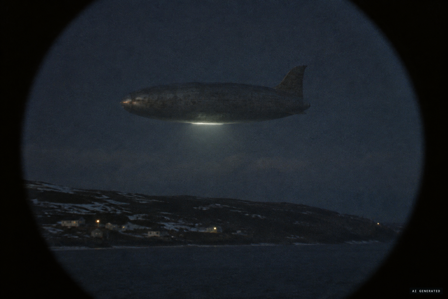 Close up: an oval craft with a tail fin and dull, coarse, unshiny metal