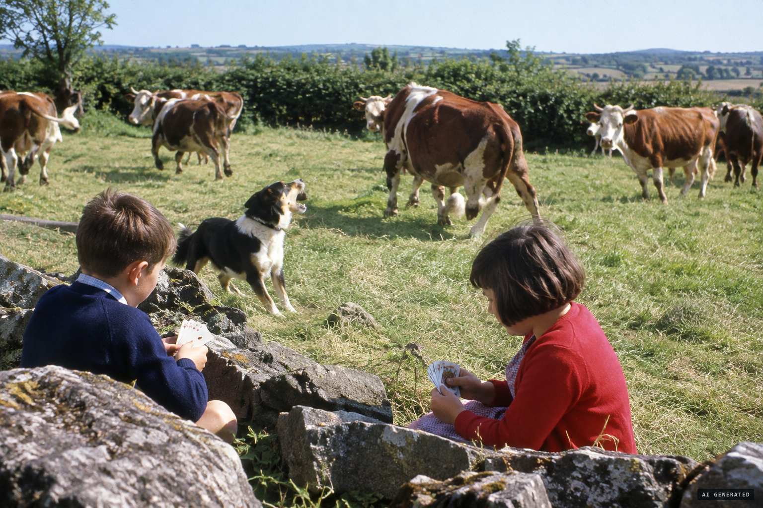 The children play cards behind the wall as Médor barks and the cows grow restless