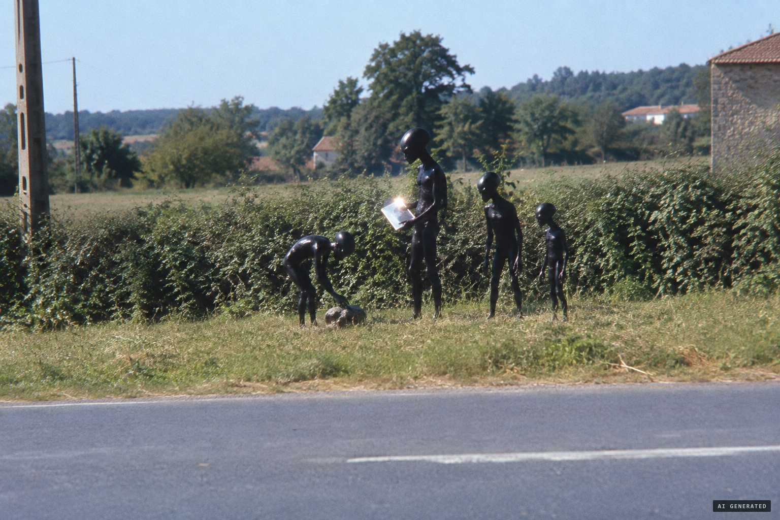 The small black beings, one bending to the ground, the tallest holding a mirror-like object