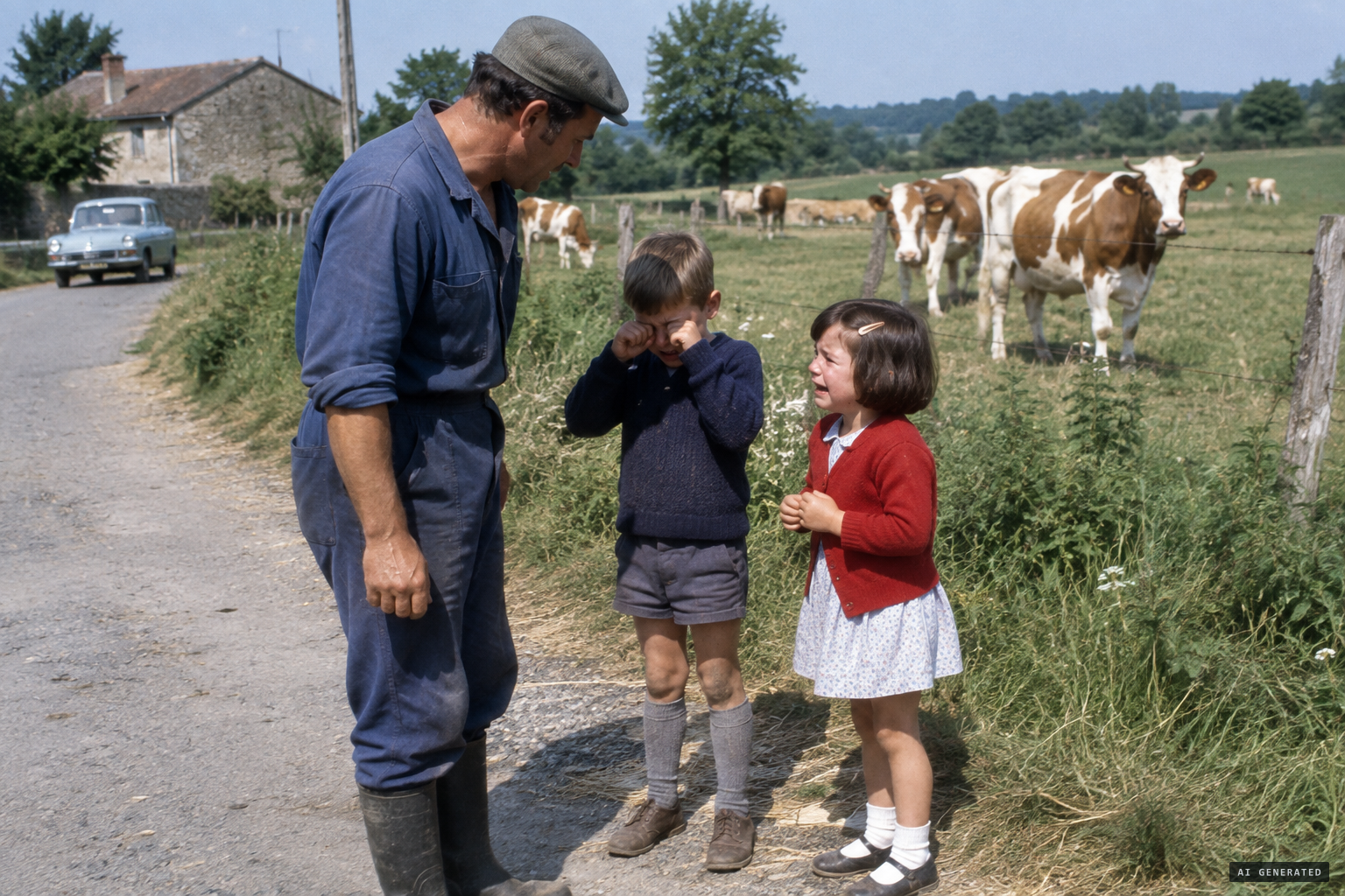 A farm worker finds the children in tears, François's eyes watering