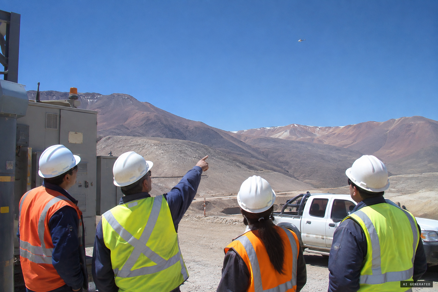 Four mine technicians notice something slowly approaching under a clear sky