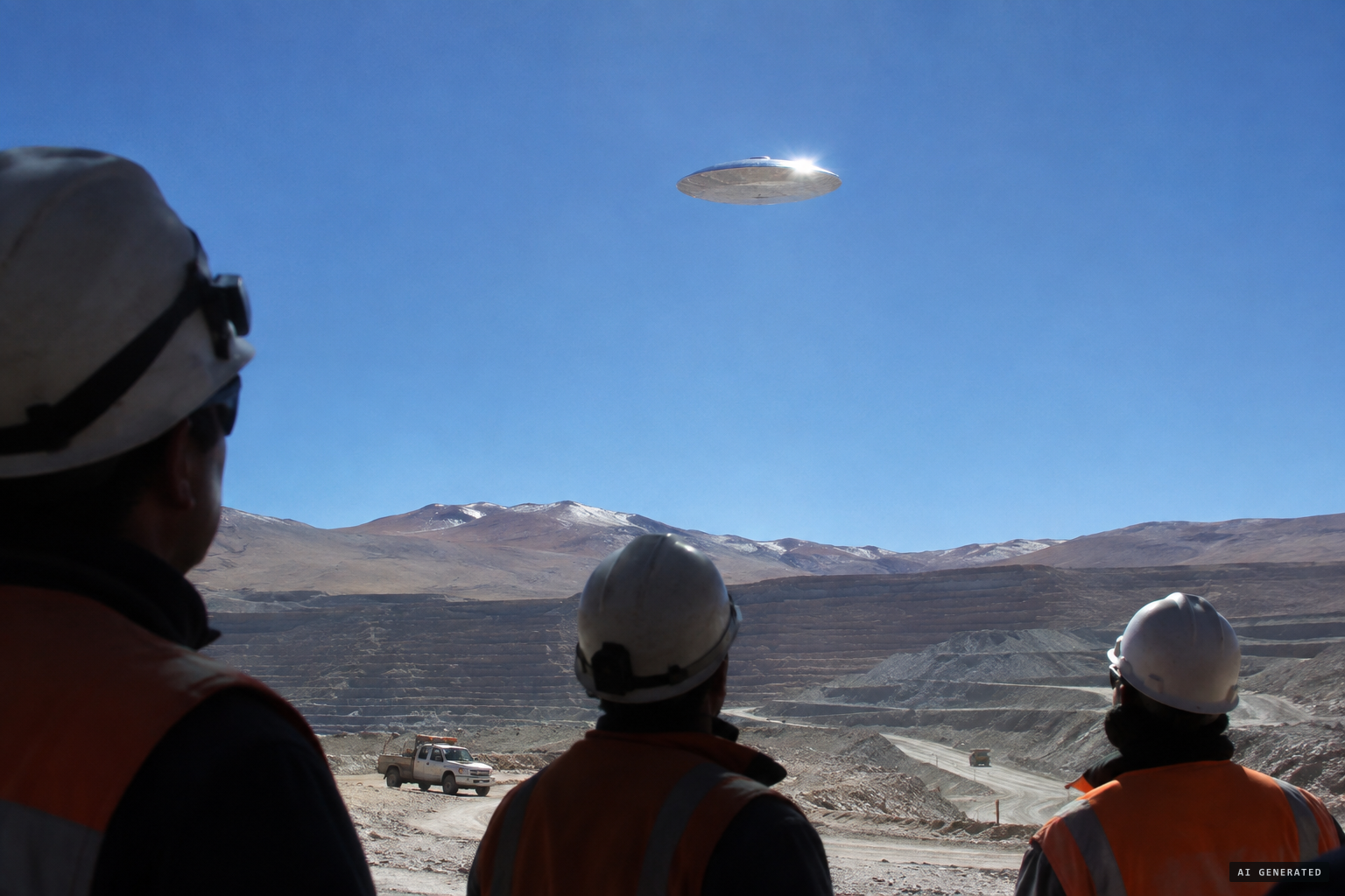 A flattened, silvery disc of brilliant color, silent and static above the mine