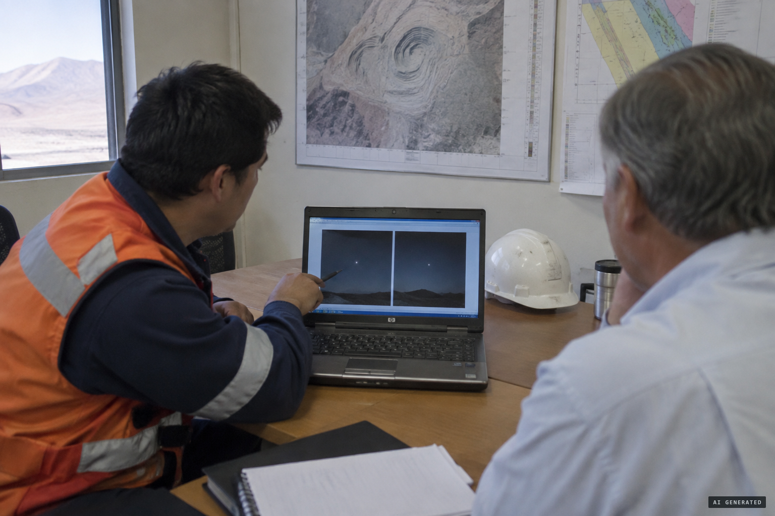 The photographer shows the images to the mine's chief engineer