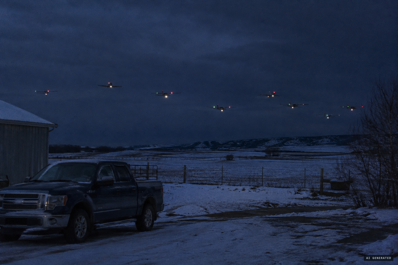 A group of craft flies low over the fields in the evening