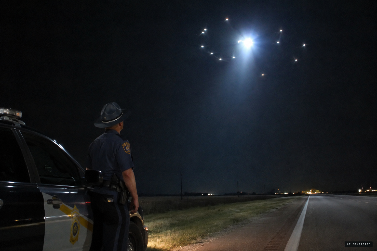A trooper watches drones fly patterns around a silent stationary one
