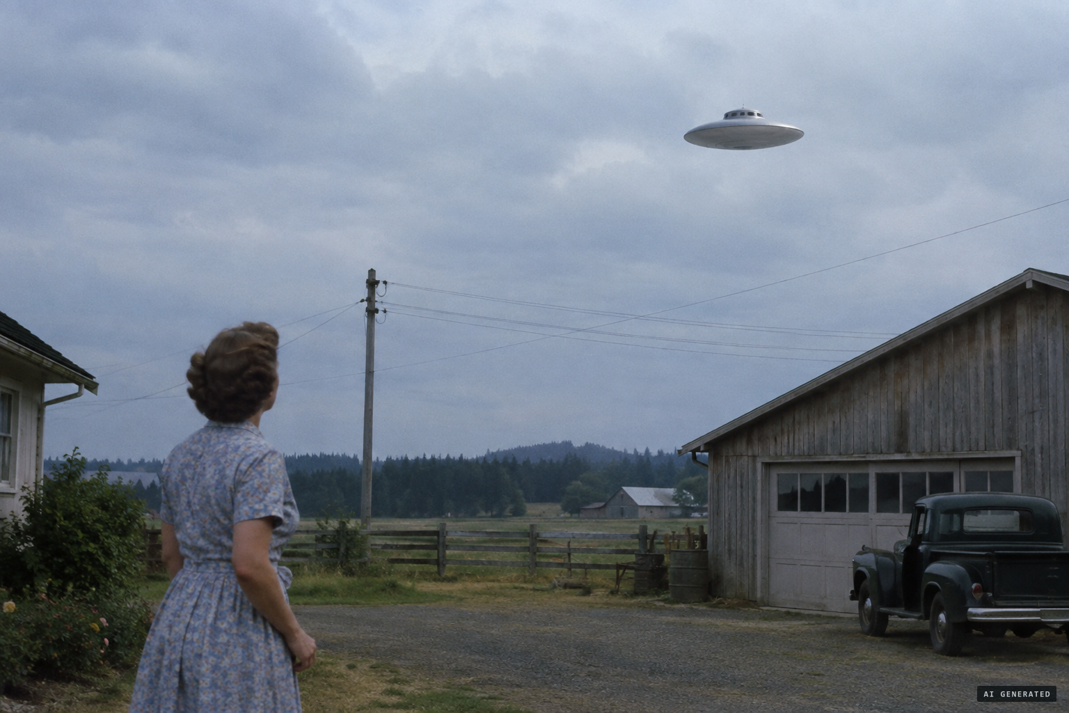 A silent, silvery object with a sort of superstructure moves slowly west over the farm