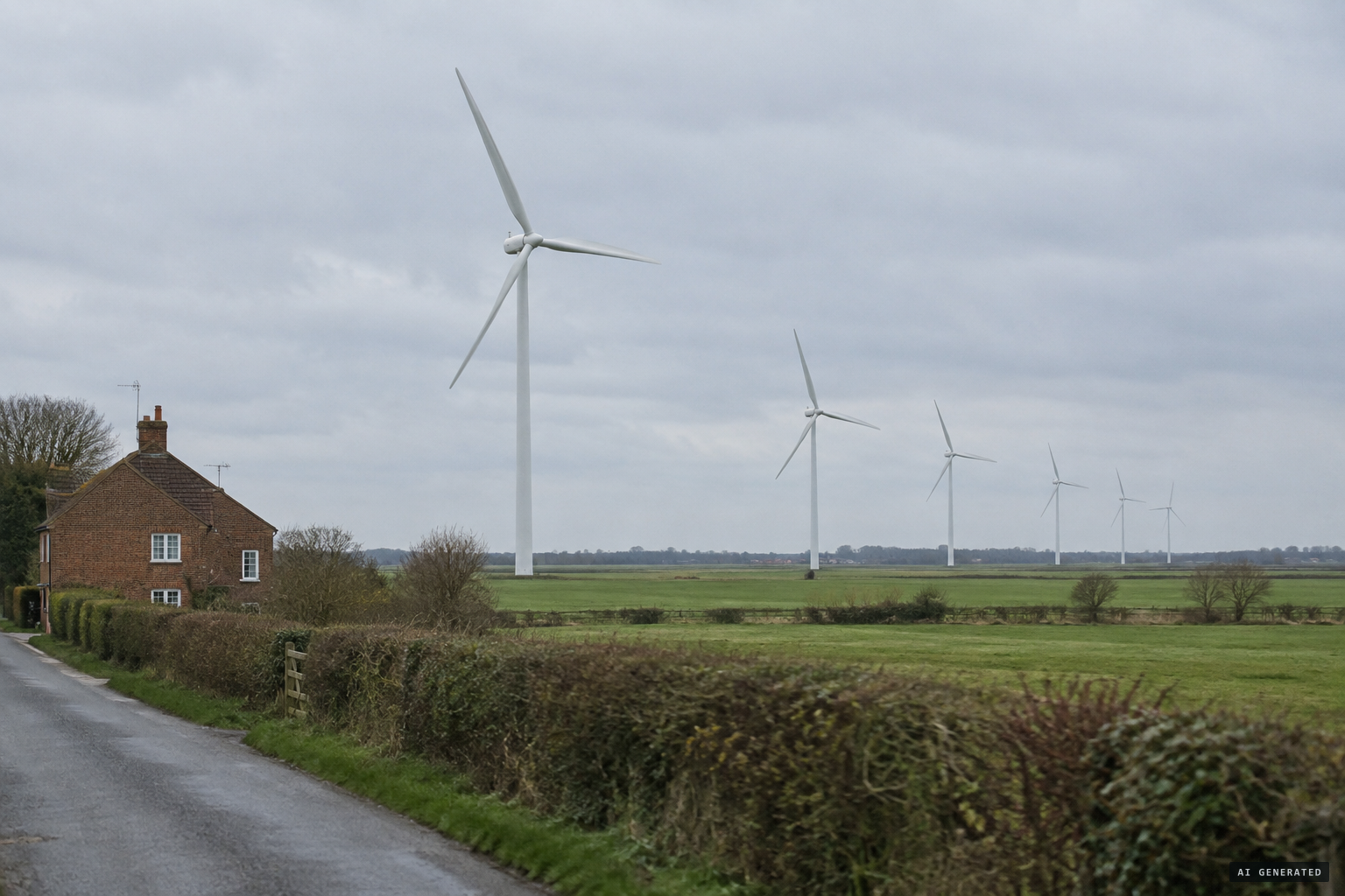 The Fen Farm wind farm's twenty turbines on the flat Lincolnshire fens near Conisholme