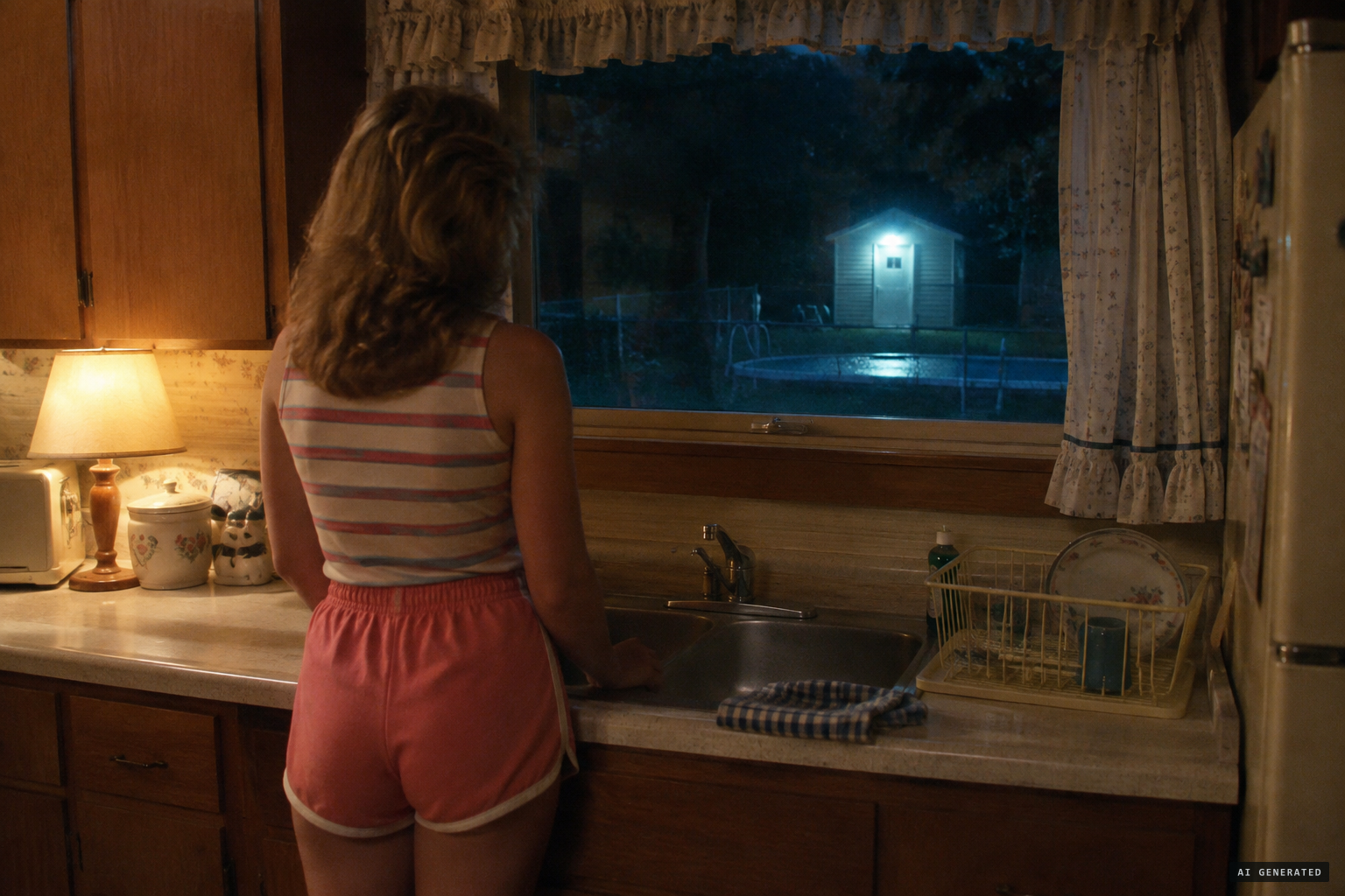 At the kitchen sink, she notices an odd light coming from the pool pump house