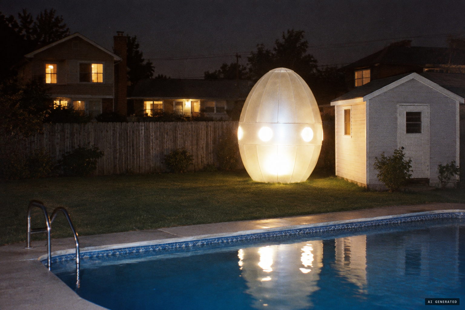 The egg-shaped craft, about the size of the pump house, landed in the backyard