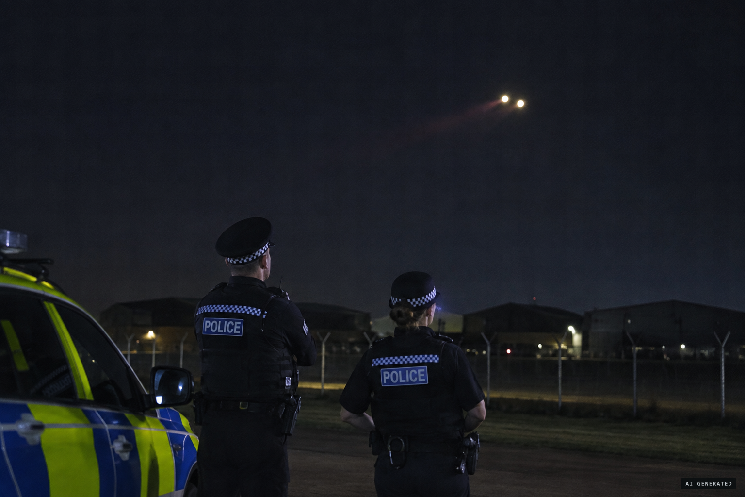 The RAF Cosford police patrol sees two creamy white lights heading southeast
