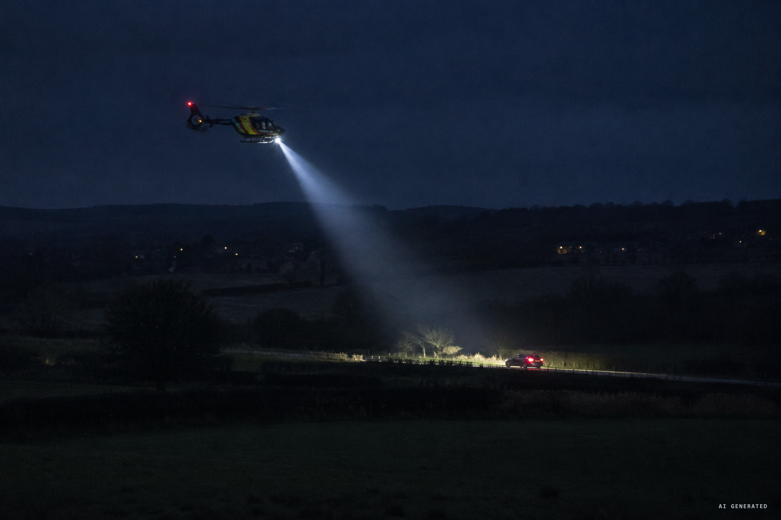 A police helicopter with a NiteSun searchlight follows a stolen car down the A5