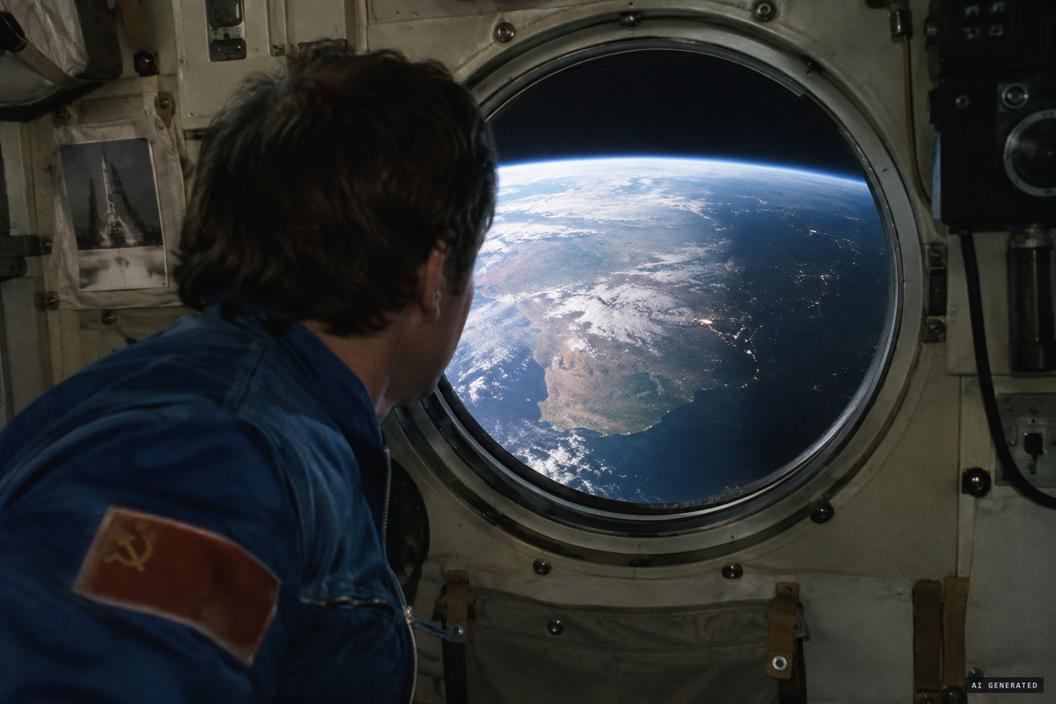 Salyut 6 nears Earth's shadow as Kovalyonok looks out the porthole