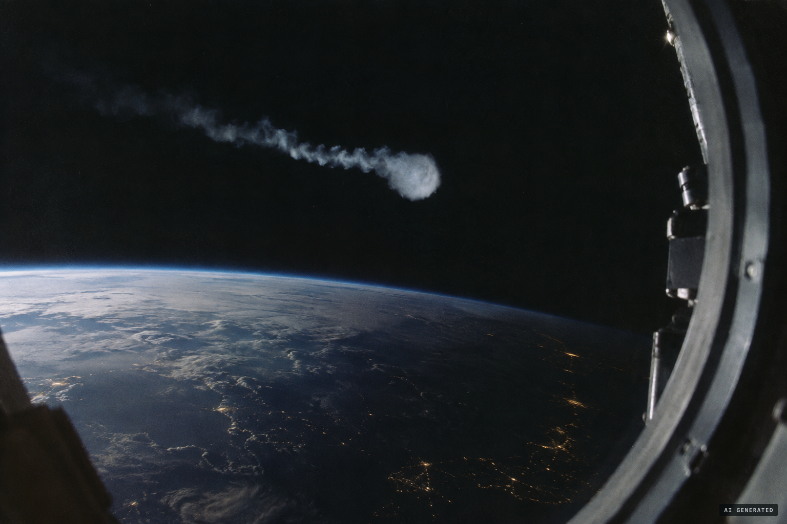White smoke, then a cloud-like sphere, fading as the station enters Earth's shadow