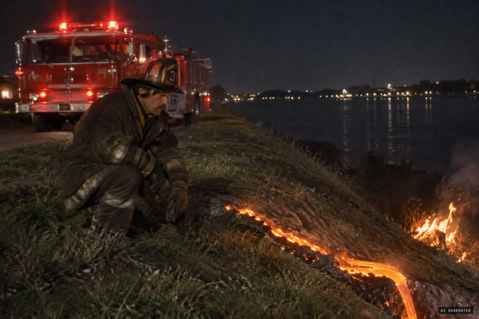 Assistant Fire Chief Jack Moore finds metal 'running, boiling, down the edges of the levee'
