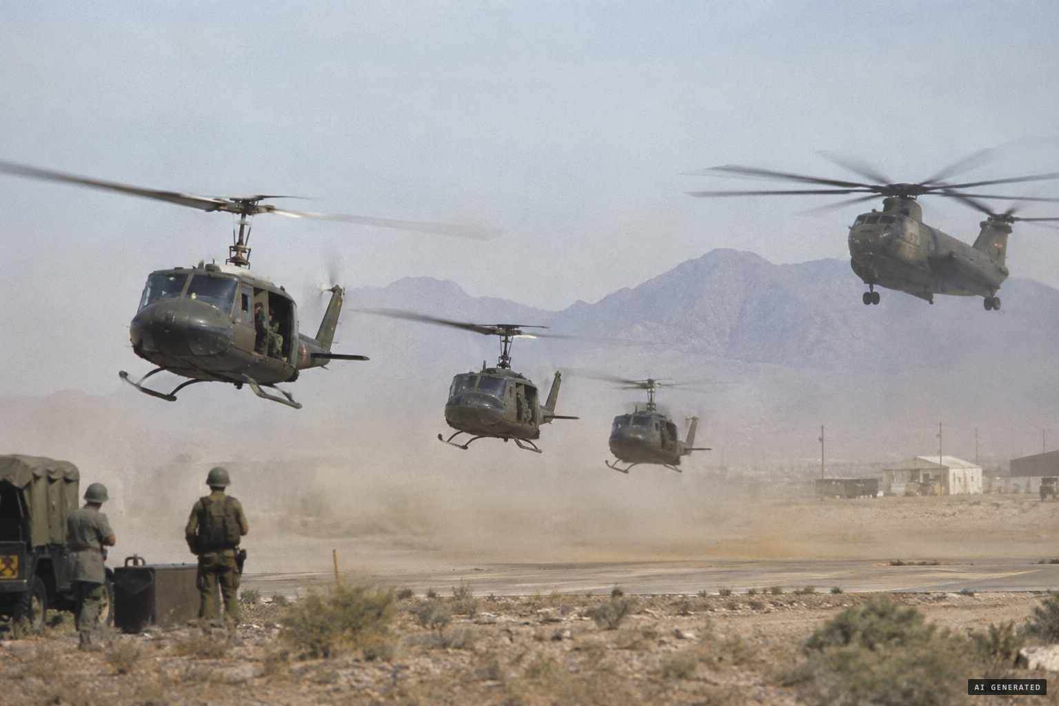 Three Hueys and a Sea Stallion lift off from Fort Bliss at 14:38