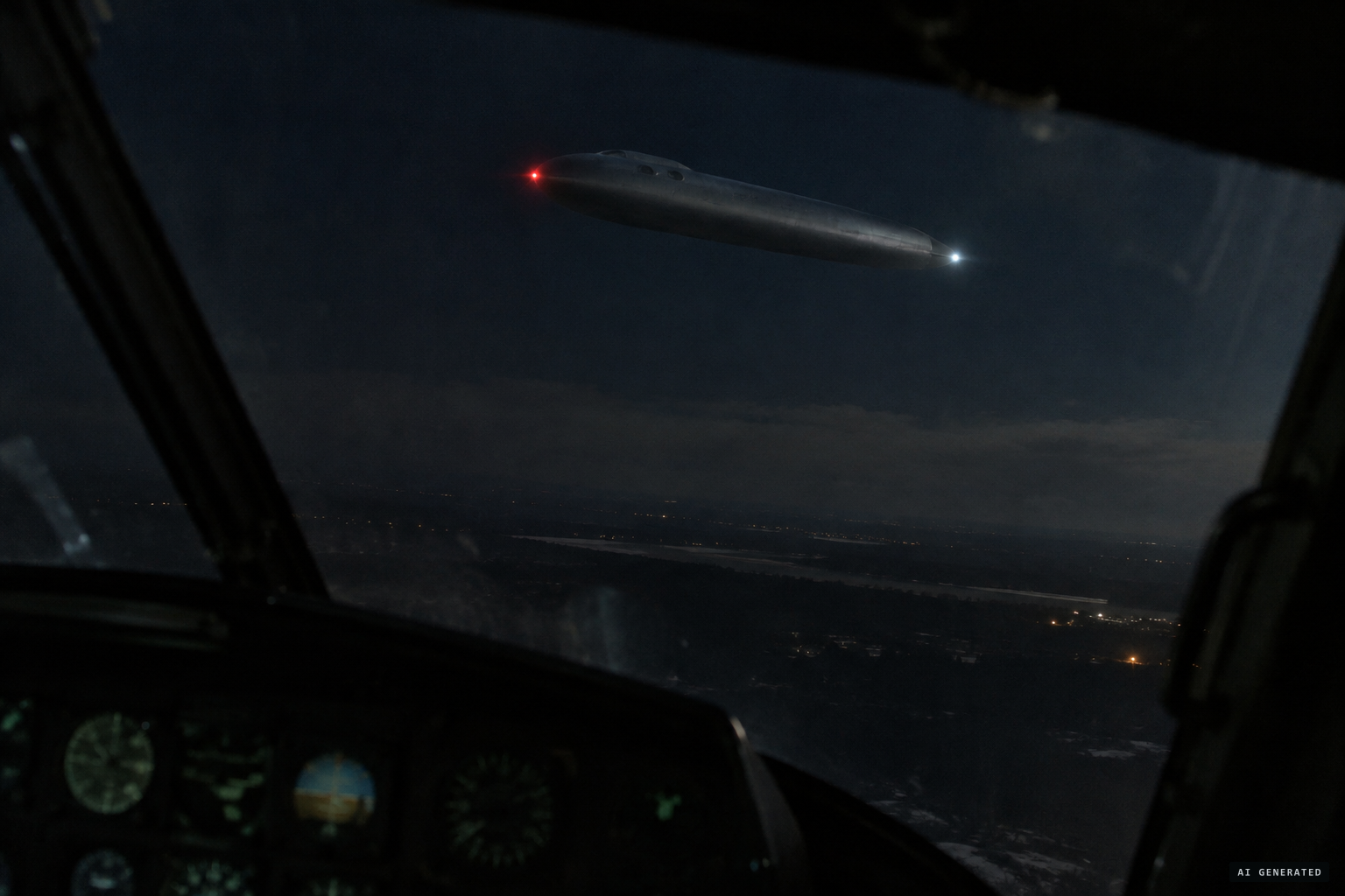 A gray, cigar-shaped object stops and fills the windshield