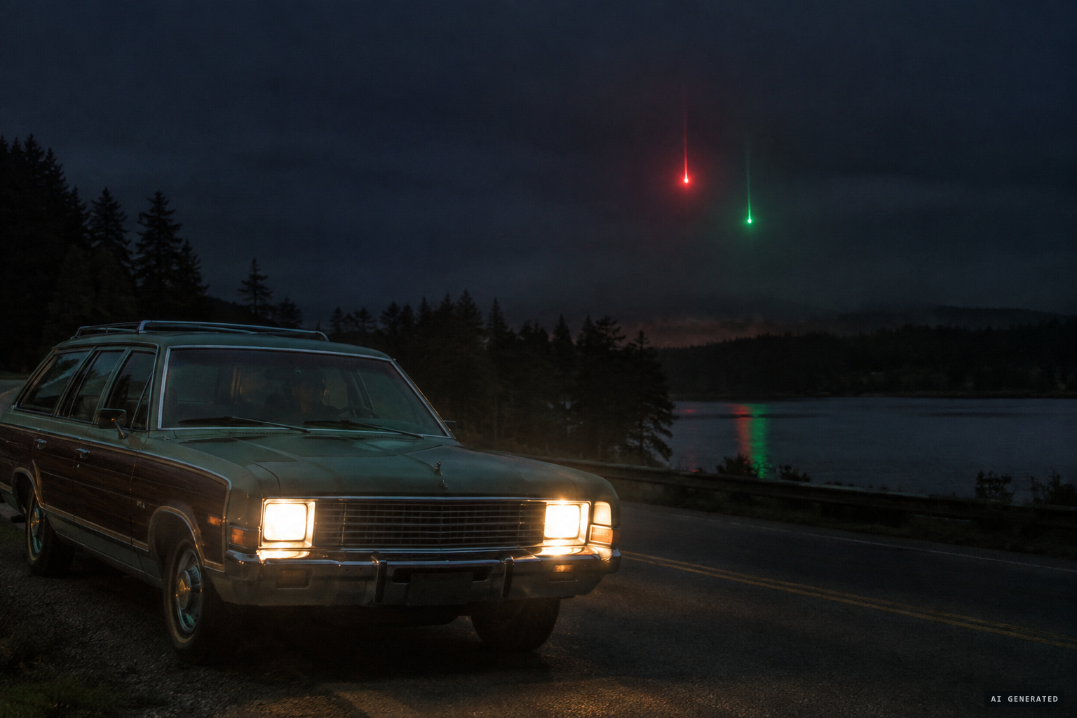 Driving toward Charles Mill Reservoir, a mother and four children see red and green lights come down